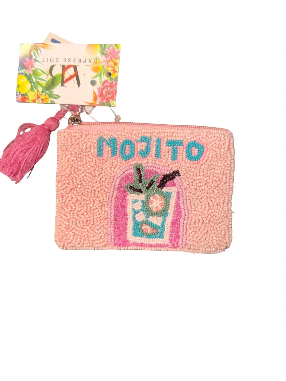 Pink Mojito Beaded Zip Pouch with Tassel